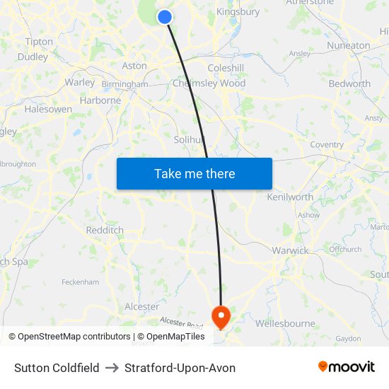 Sutton Coldfield to Stratford-Upon-Avon map