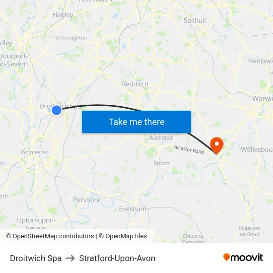 Droitwich Spa to Stratford-Upon-Avon map