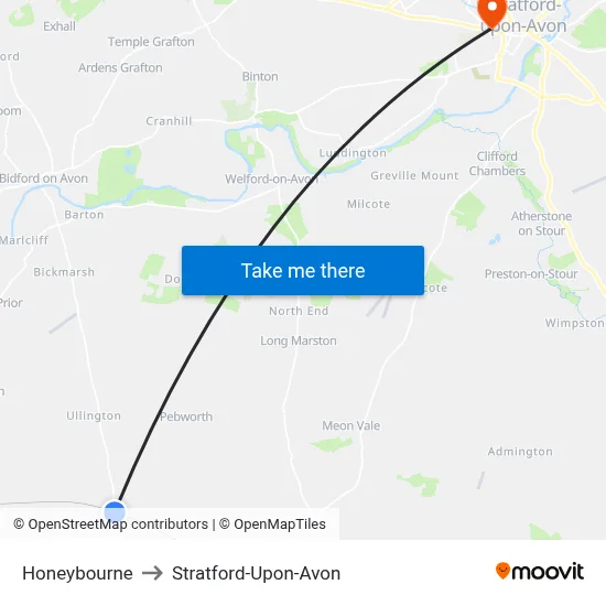Honeybourne to Stratford-Upon-Avon map