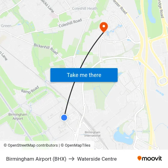 Birmingham Airport (BHX) to Waterside Centre map