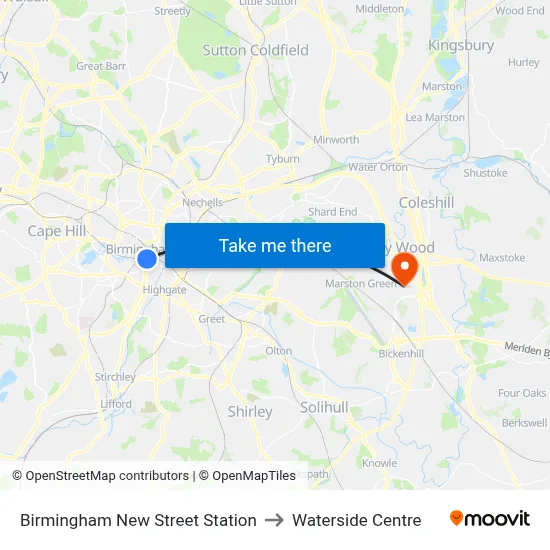 Birmingham New Street Station to Waterside Centre map