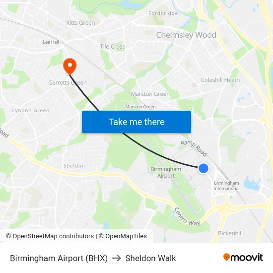 Birmingham Airport (BHX) to Sheldon Walk map