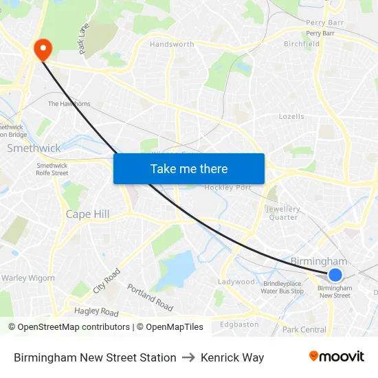 Birmingham New Street Station to Kenrick Way map