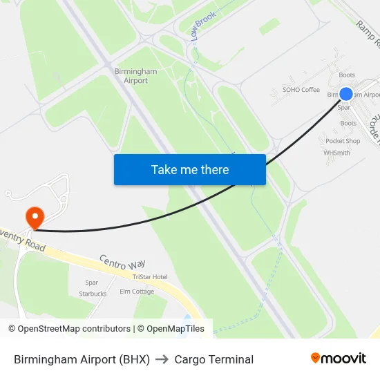 Birmingham Airport (BHX) to Cargo Terminal map