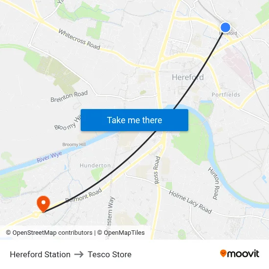 Hereford Station to Tesco Store map