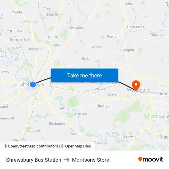 Shrewsbury Bus Station to Morrisons Store map