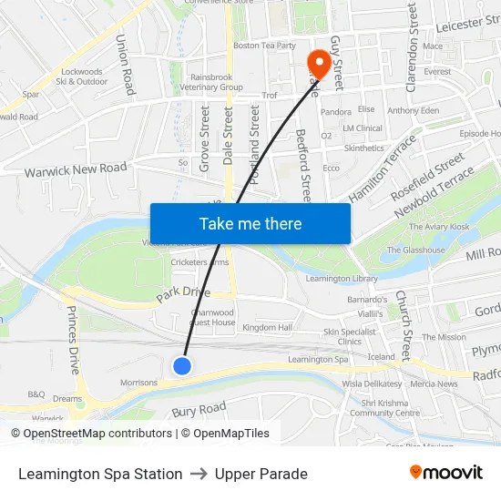 Leamington Spa Station to Upper Parade map