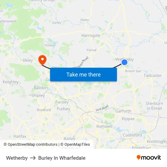 Wetherby to Burley In Wharfedale map