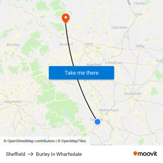 Sheffield to Burley In Wharfedale map