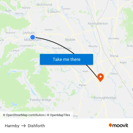 Harmby to Dishforth map