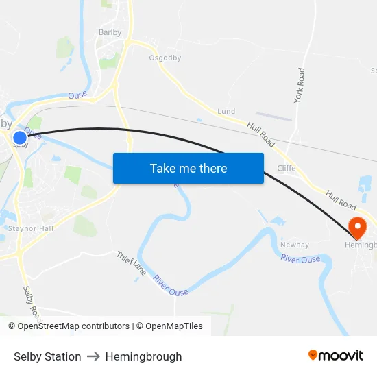 Selby Station to Hemingbrough map