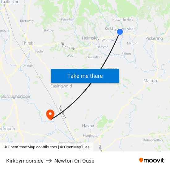 Kirkbymoorside to Newton-On-Ouse map