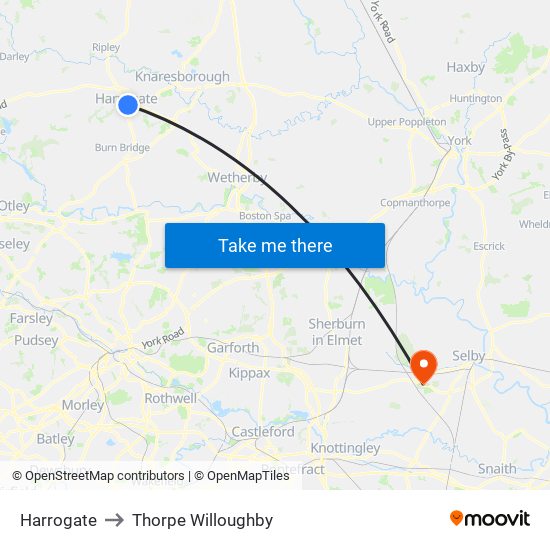 Harrogate to Thorpe Willoughby map