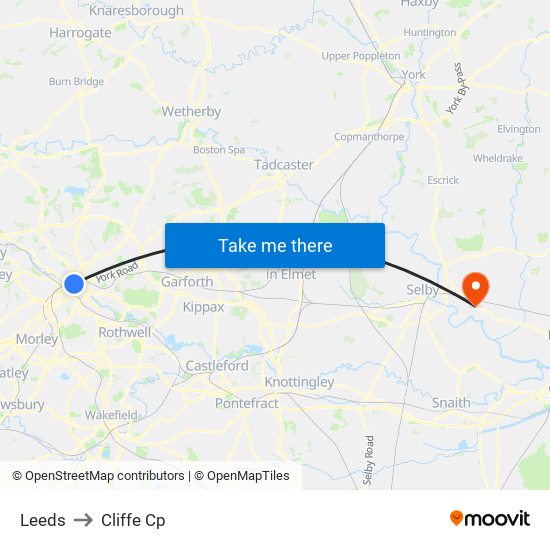 Leeds to Cliffe Cp map