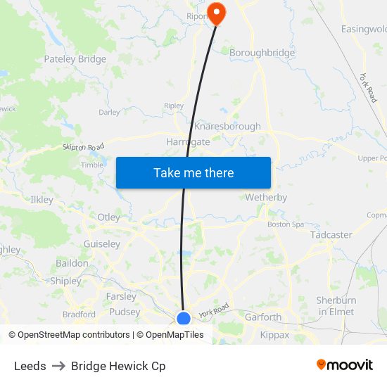 Leeds to Bridge Hewick Cp map