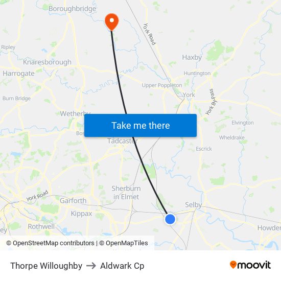 Thorpe Willoughby to Aldwark Cp map