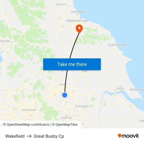 Wakefield to Great Busby Cp map