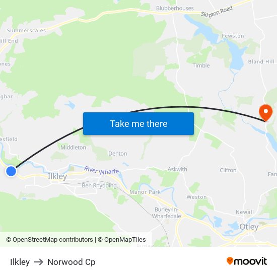 Ilkley to Norwood Cp map