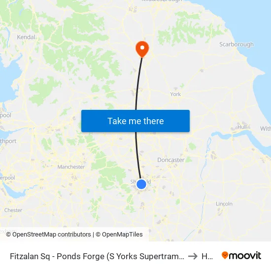 Fitzalan Sq - Ponds Forge From City, Sheffield Centre to Howe map