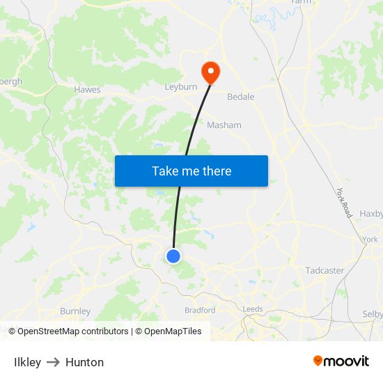 Ilkley to Hunton map