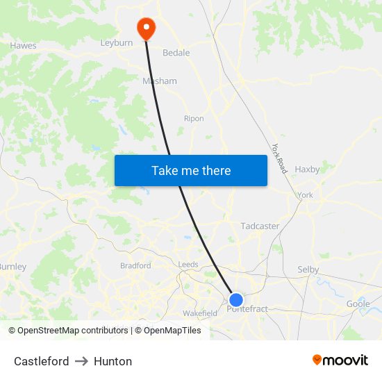 Castleford to Hunton map