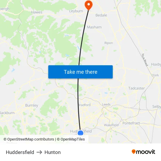 Huddersfield to Hunton map