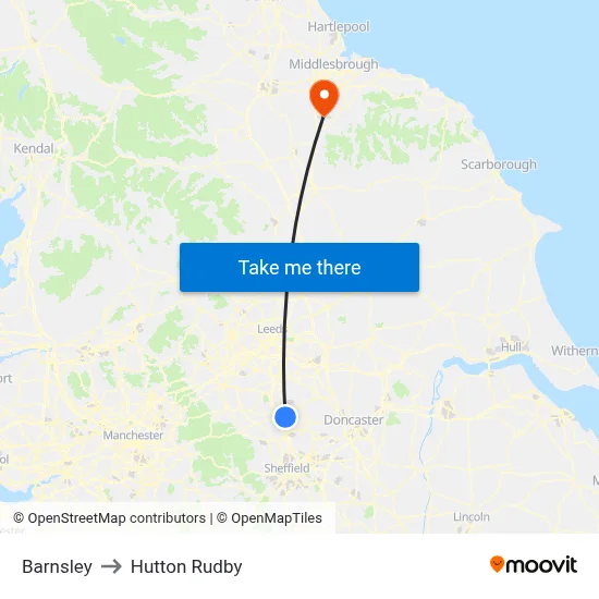 Barnsley to Hutton Rudby map