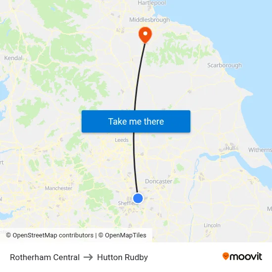 Rotherham Central to Hutton Rudby map