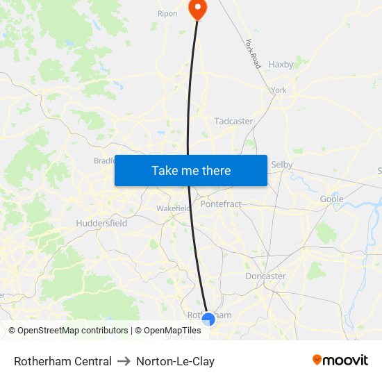 Rotherham Central to Norton-Le-Clay map