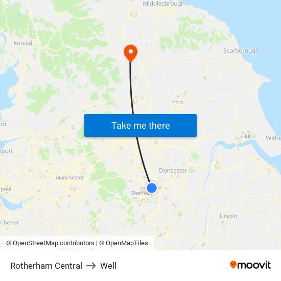 Rotherham Central to Well map