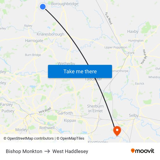 Bishop Monkton to West Haddlesey map