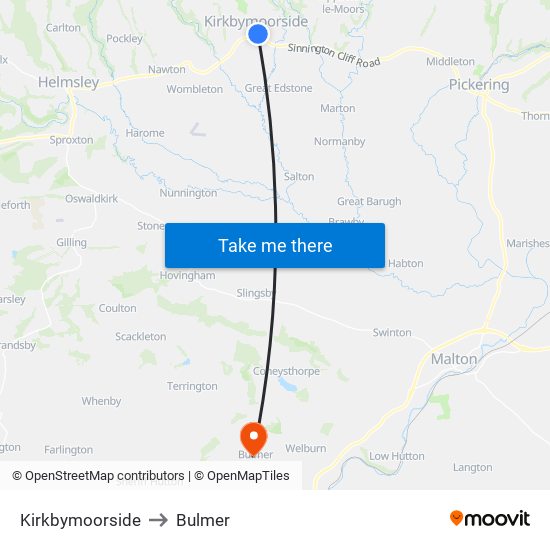 Kirkbymoorside to Bulmer map