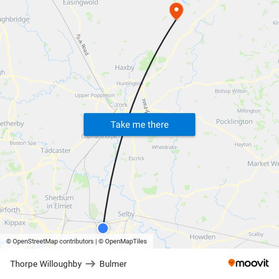 Thorpe Willoughby to Bulmer map