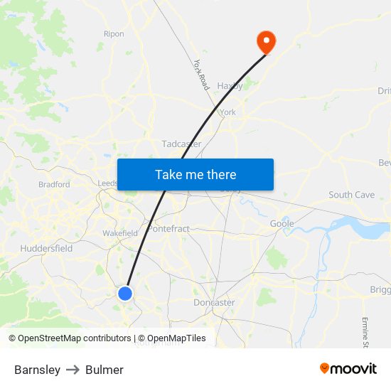 Barnsley to Bulmer map