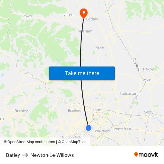 Batley to Newton-Le-Willows map