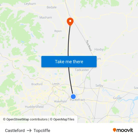 Castleford to Topcliffe map