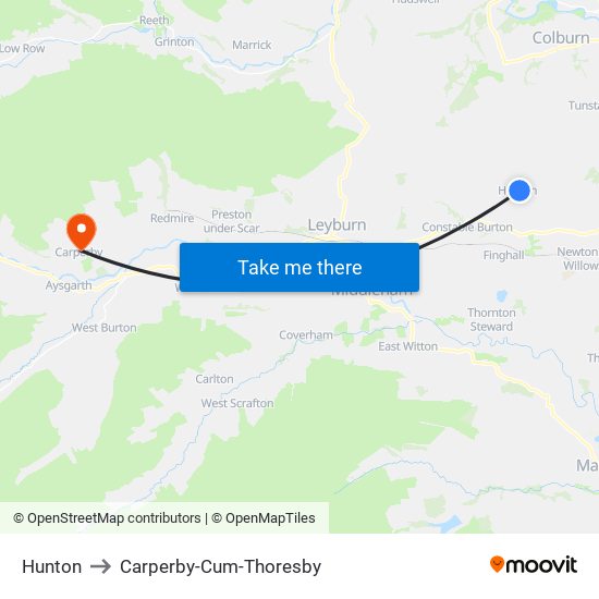 Hunton to Carperby-Cum-Thoresby map