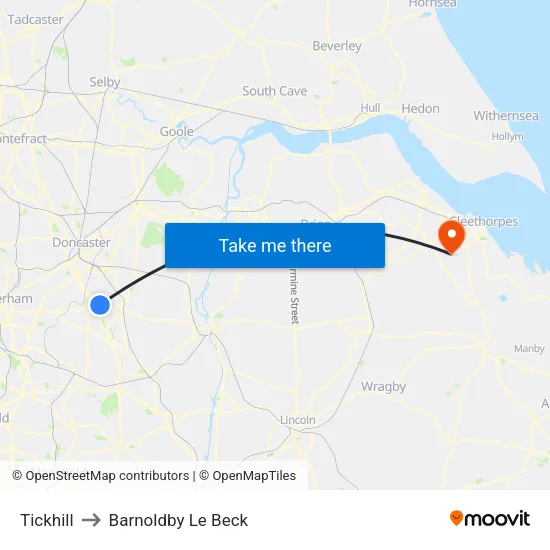Tickhill to Barnoldby Le Beck map