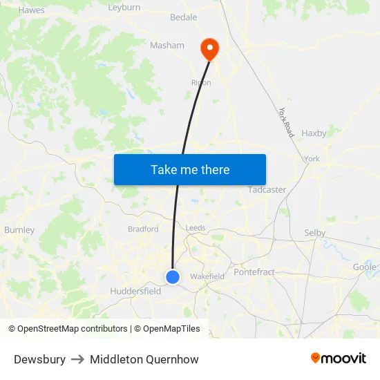 Dewsbury to Middleton Quernhow map