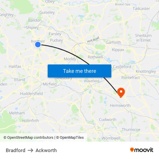 Bradford to Ackworth map