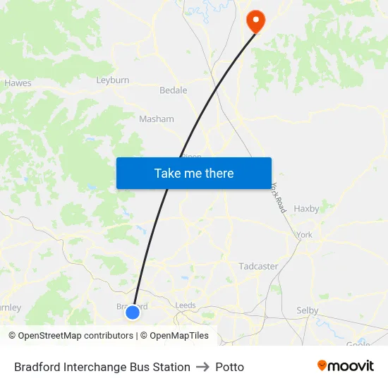 Bradford Interchange Bus Station to Potto map