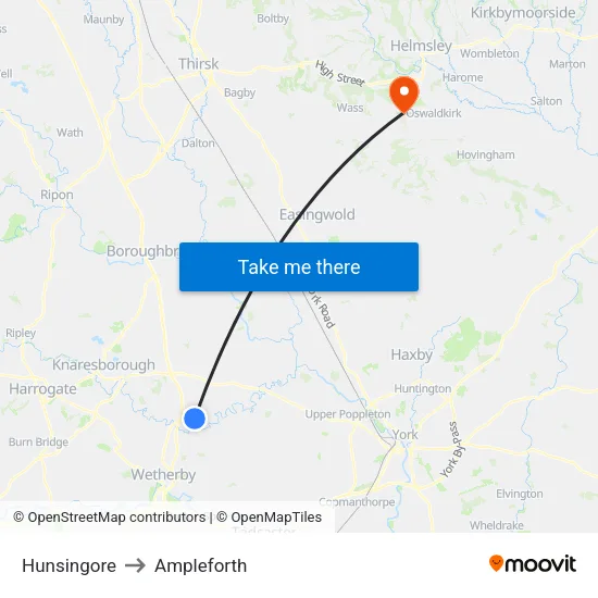 Hunsingore to Ampleforth map