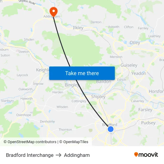 Bradford Interchange to Addingham map