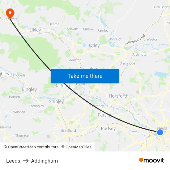 Leeds to Addingham map