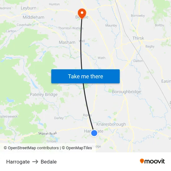Harrogate to Bedale map