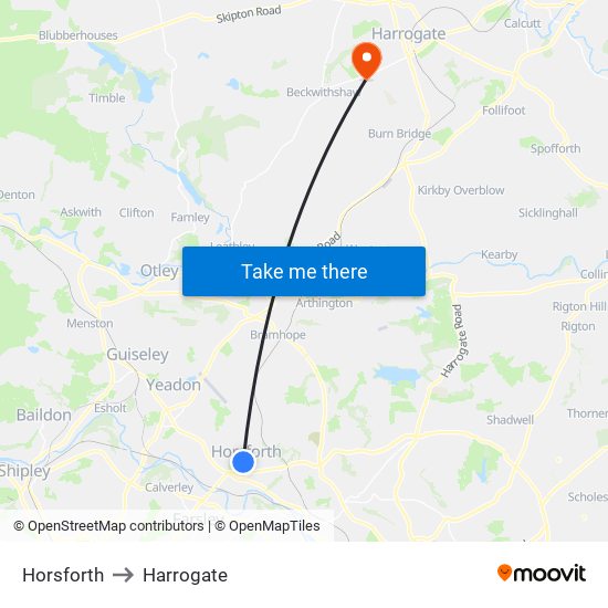 Horsforth to Harrogate map