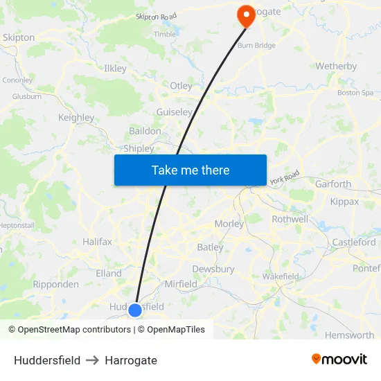 Huddersfield to Harrogate map