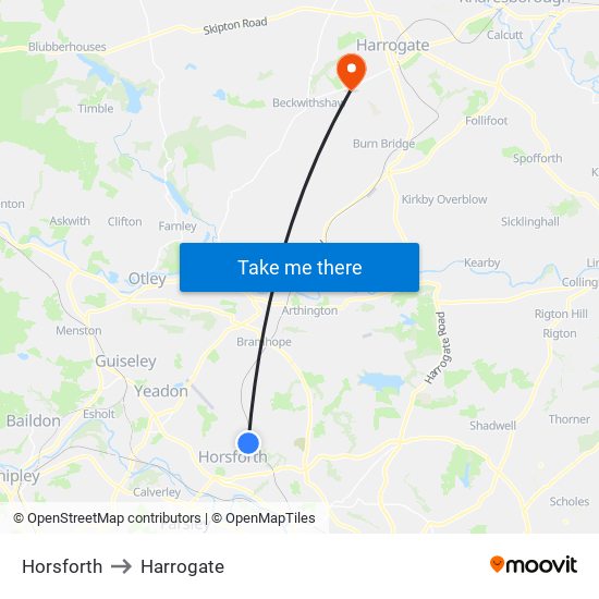 Horsforth to Harrogate map