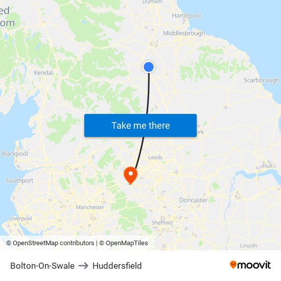 Bolton-On-Swale to Huddersfield map