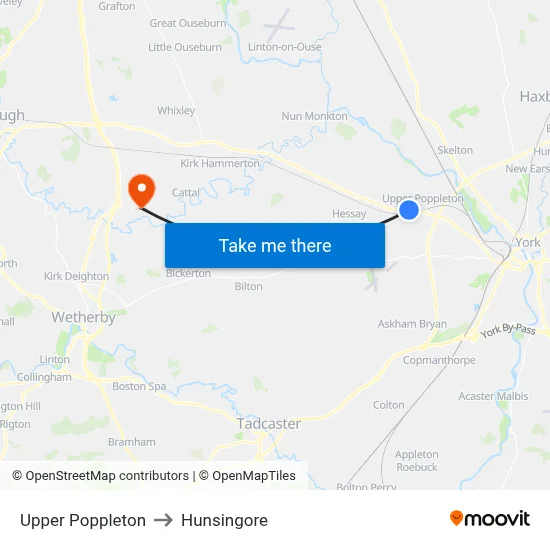 Upper Poppleton to Hunsingore map